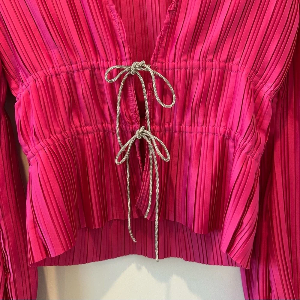 WAYF Payton Pink Tie Front Top Long Sleeve Blouse Women's Cardigan Rhinestone - Picture 10 of 16